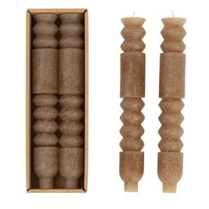 Creative Co-Op NWT 2pc Unscented Totem Carved Taper Candle Sticks In Cappuccino
